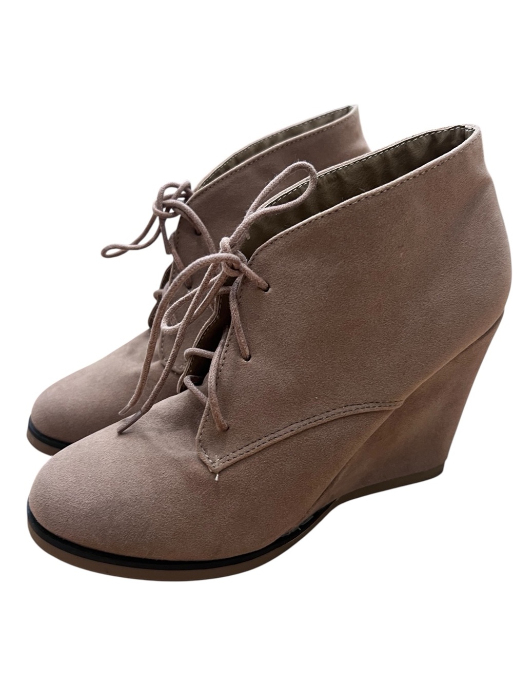 Nature Breeze Tan Faux Suede Lace Up Wedge Booties – Women’s 5.5 Ankle Boots